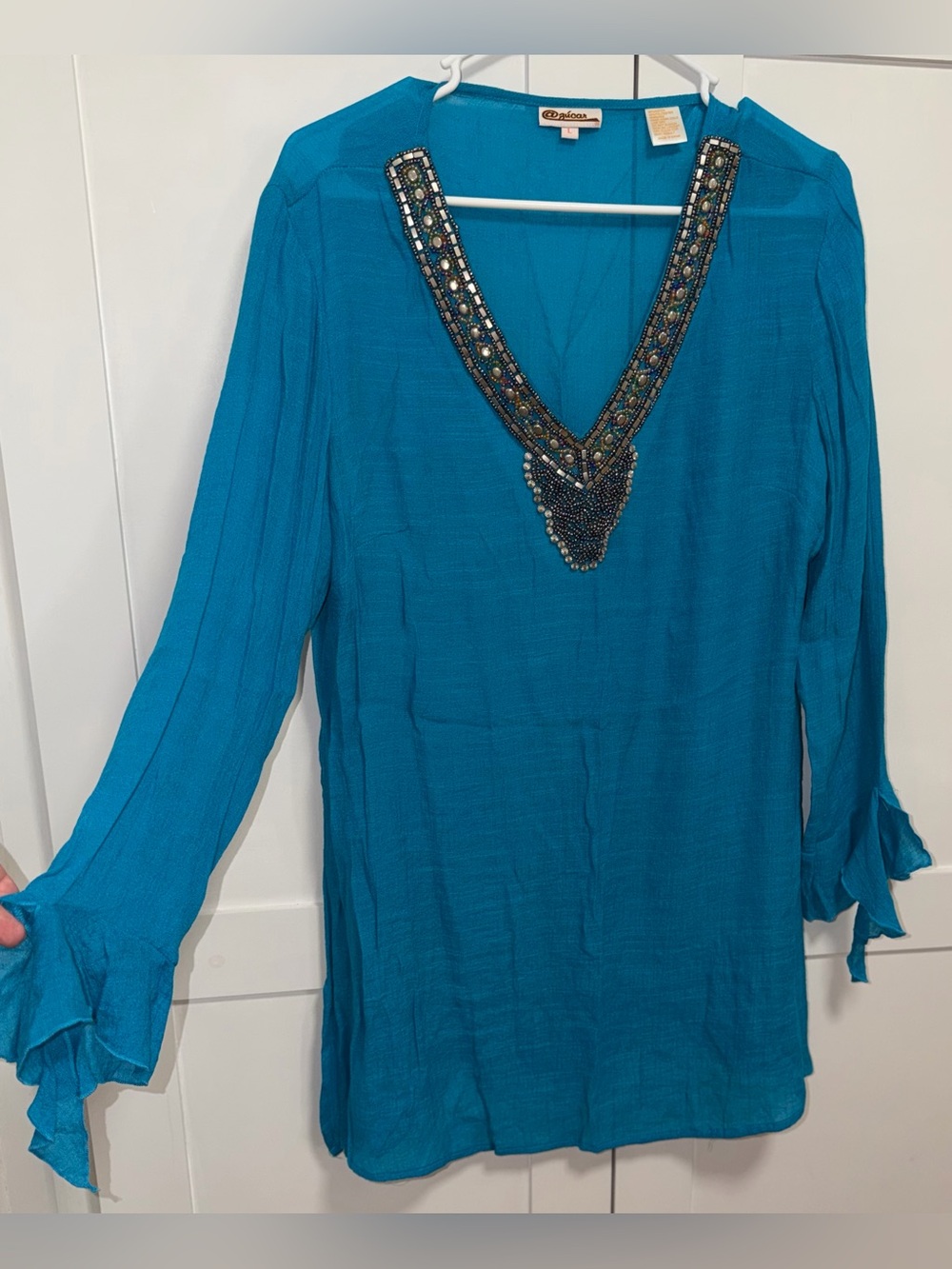 Altar'd State Turquoise Beaded V-Neck Tunic. Cover up. Size-L